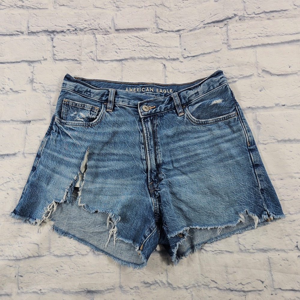 American Eagle 90s Highest Rise Boyfriend Shorts Women 6 Blue Distressed Denim